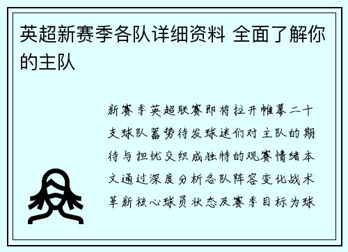 英超新赛季各队详细资料 全面了解你的主队