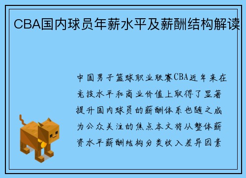 CBA国内球员年薪水平及薪酬结构解读