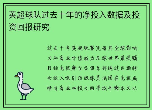 英超球队过去十年的净投入数据及投资回报研究